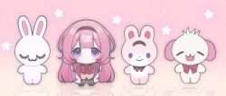  1girl :3 :d animal black_hairband black_shoes black_skirt blunt_bangs blush bow bowtie closed_eyes closed_mouth commentary dot_mouth dot_nose double-parted_bangs full_body grey_eyes hairband highres jacket long_hair looking_at_viewer niginigi_nijitown nijisanji nyage_(urrn_urrn) open_clothes open_jacket orange_sweater pink_background pink_hair pleated_skirt polka_dot polka_dot_background rabbit red_bow red_bowtie reflection shoes skirt smile solo standing star_(symbol) suo_sango suo_sango_(1st_costume) sweater untranslatable_commentary very_long_hair virtual_youtuber white_jacket 