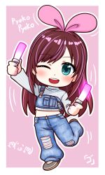  1girl :d ;d aqua_eyes arm_up blue_overalls blue_pants blush border bow_hairband brown_hair chibi chibi_only commentary cropped_sweater denim fingernails full_body glowstick goriate grey_shoes hairband hand_up highres holding holding_glowstick jeans kizuna_ai kizuna_ai_(overalls) kizuna_ai_inc. leg_up lips long_hair long_sleeves looking_at_viewer midriff motion_lines multicolored_hair nail_polish navel official_alternate_costume one_eye_closed open_mouth outline overalls pants pink_background pink_hairband pink_nails pink_streaks ribbed_sweater romaji_text shoes smile solo sound_effects standing standing_on_one_leg streaked_hair suspenders suspenders_slip sweater swept_bangs teeth torn_clothes torn_jeans torn_pants turtleneck turtleneck_sweater upper_teeth_only very_long_hair virtual_youtuber white_border white_outline white_sweater 