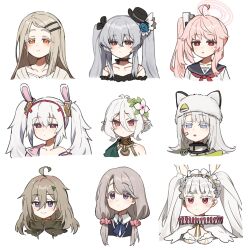  6+girls ahoge animal_ears arknights arknights:_endfield azur_lane bandaid bandaid_on_cheek bandaid_on_face black_choker black_hat blue_archive blush breasts brown_hair choker closed_mouth commentary_request cropped_torso crossover estella_(arknights) fake_animal_ears flower gakuen_idolmaster granblue_fantasy grey_hair hair_between_eyes hair_flower hair_ornament hair_ribbon hair_scrunchie hairclip halo hat hibi_wa_sugiredo_meshi_umashi higa_tsutsuji highres idolmaster kai-ri-sei_million_arthur kokkoro_(princess_connect!) laffey_(azur_lane) leaf light_smile long_hair low_twintails million_arthur_(series) mono_(afro) multiple_crossover multiple_girls natsu_(blue_archive) neckerchief off_shoulder orange_eyes orange_flower orchis parted_lips pink_hair pointy_ears princess_connect! rabbit_ears red_eyes red_neckerchief ribbon sailor_collar school_uniform scrunchie serafuku shikishima_sakurako shingeki_no_bahamut shinosawa_hiro short_hair side_ponytail sidelocks simple_background smile twintails uasaha violet_eyes wagashi928 white_background white_flower white_hat 