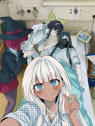  absurdres black_hat blue_eyes chabashira_tenko danganronpa_(series) danganronpa_v3:_killing_harmony hat headband highres hospital hospital_gown llie_137 long_hair looking_at_another looking_at_viewer mask middle_finger mouth_mask photo_background pink_headband red_hair shinguji_korekiyo smile white_hair yonaga_angie yumeno_himiko 
