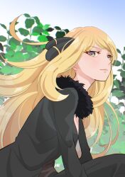  1girl absurdres black_coat black_pants black_shirt blonde_hair blush breasts closed_mouth coat cynthia_(pokemon) fur_collar fur_trim grey_eyes hair_ornament highres long_hair long_sleeves mizuiro123 pants pokemon pokemon_diamond/pearl/platinum shirt solo very_long_hair 