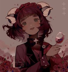  1girl alcohol black_bow black_bowtie black_vest bob_cut bow bowtie buttoned_cuffs buttons commentary cup dark-skinned_female dark_skin drinking_glass falling_petals floating_hair flower green_eyes head_wreath highres holding holding_cup horns littlebluemuffin open_mouth original petals plaid_clothes plus_sign red_flower red_hair red_petals red_rose red_wine rose sheep_horns short_hair smile untranslatable_commentary vest watermark wine wine_glass 