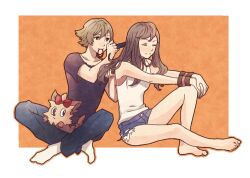  1boy 1girl bad_id bad_tumblr_id barefoot black_shirt blue_shorts brown_eyes brown_hair closed_eyes commentary_request denim denim_shorts full_body hair_down hair_tie_in_mouth hilbert_(pokemon) hilda_(pokemon) lillipup mouth_hold orange_background own_hands_together pokemon pokemon_(creature) pokemon_black_and_white shirt shorts sitting sleeveless sleeveless_shirt smile tori_(11toritori) white_shirt 