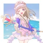  ;d atelier_(series) atelier_totori bad_id brown_hair dress fire_exit jpeg_artifacts long_hair off_shoulder open_mouth purple_eyes smile solo staff totooria_helmold violet_eyes wink 