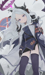  1girl absurdres ahoge black_gloves black_halo black_horns blue_archive chinese_commentary coat coat_on_shoulders commentary_request demon_girl demon_horns demon_wings fanshuimucishen gloves hair_ornament hairclip halo highres hina_(blue_archive) horns long_hair looking_at_viewer low_wings multiple_horns purple_thighhighs purple_wings solo thigh-highs violet_eyes white_hair wings 