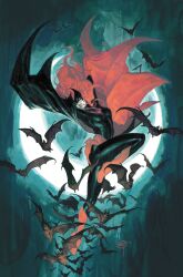  1girl bat_(animal) bat_mask batman_(series) batwoman belt black_bodysuit black_cape bodysuit boots cape david_talaski dc_comics gloves highres kate_kane long_hair moon multicolored_bodysuit red_bodysuit red_boots red_cape red_gloves red_hair red_lips superhero_costume two-tone_bodysuit two-tone_cape utility_belt 
