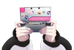  1girl absurdres black_sleeves camera character_charm character_sticker charm_(object) clero_(viprimo) commentary disembodied_hand english_commentary fujikura_uruka fujikura_uruka_(1st_costume) game_cartridge h2osakana hakushika_iori hakushika_iori_(1st_costume) hand_focus handheld_game_console highres holding holding_handheld_game_console long_sleeves nail_polish nintendo_3ds phase_connect pipkin_pippa pipkin_pippa_(1st_costume) purple_nails rinkou_ashelia rinkou_ashelia_(lia_1.0) shisui_michiru shisui_michiru_(michiru_1.0) simple_background solo sticker tenma_maemi tenma_maemi_(1st_costume) transparent_background two-tone_sleeves utatane_nasa utatane_nasa_(nasa_1.0) virtual_youtuber white_sleeves 