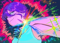  1girl absurdres black_choker chainsaw_man choker glowing green_eyes grenade_pin hair_between_eyes highres luuxiifer pulling purple_hair reze_(chainsaw_man) shirt sleeveless sleeveless_shirt white_shirt 