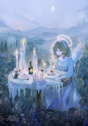  1girl alcohol angel angel_wings animal ao_o81 arm_on_table blue_sky bottle brown_hair cake cake_slice candle candle_wax chair closed_mouth collarbone commentary_request crescent_moon cup dress drinking_glass elbow_rest flower fog food fork grass green_eyes hair_intakes halo highres hill holding holding_fork long_dress looking_at_animal medium_hair moon mountainous_horizon mouse_(animal) nature on_chair original outdoors plate round_table sitting sky smile solo strawberry_cake table traditional_halo tree twitter_username watermark wax white_dress white_flower white_headdress wine wine_glass wings yellow_halo 