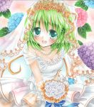  alternate_costume bouquet bow breasts bridal_veil cleavage daiyousei dress eyelashes fairy_wings floral_background flower gloves green_eyes green_hair hydrangea jewelry leaf looking_at_viewer mizame necklace open_mouth pink_background rose shikishi short_hair smile solo tears teeth touhou traditional_media veil wedding_dress white_rose wings wreath 