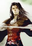  black_hair brown_eyes cape dunban facial_hair hyp_toron long_hair male solo stubble sword weapon xenoblade 