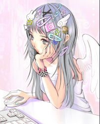  1girl angel_wings blue_bow blue_nails blush bow bracelet character_hair_ornament checkered_bracelet computer_keyboard computer_mouse cursor_hair_ornament dress eighth_note grey_eyes grey_hair hair_bow hair_ornament hairclip hand_on_own_face highres holding holding_computer_mouse ipod ipod_hair_ornament jewelry lips long_hair miffy miffy_(character) mp3_player musical_note musical_note_hair_ornament original pink_background pyituu rabbit_hair_ornament solo spaghetti_strap star_(symbol) star_hair_ornament too_many_hair_ornaments treble_clef white_dress wing_hair_ornament wings x_hair_ornament 