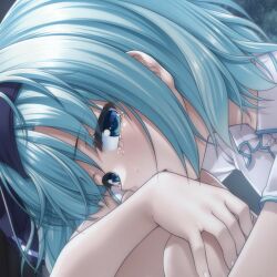  1boy aogiri_penta blue_eyes blue_hair close-up collared_shirt commentary_request crying crying_with_eyes_open fingernails hand_on_own_knee highres josou_sanmyaku kurubayashi_shizuki leaf looking_at_another looking_at_viewer medium_hair open_mouth shirt short_sleeves solo tagme tears trap white_shirt 