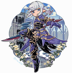  1boy armor armored_boots black_pants blue_eyes boots border castle closed_mouth commentary dragoon_(final_fantasy) elezen elf estinien_varlineau final_fantasy final_fantasy_xiv floating_hair flower gauntlets grey_hair holding holding_polearm holding_weapon long_hair male_focus oimo_(motu_club) pants pauldrons pointy_ears polearm ponytail purple_armor shoulder_armor sidelocks solo standing standing_on_one_leg tassets twitter_username untranslatable_commentary weapon white_border white_flower 