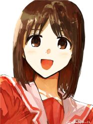  1girl adachiru_11 azumanga_daioh azumanga_daioh's_school_uniform blush brown_eyes brown_hair highres kasuga_ayumu long_hair looking_at_viewer red_shirt sailor_collar school_uniform serafuku shirt simple_background solo twitter_username white_background white_sailor_collar 