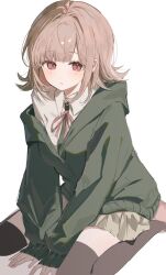  1girl collared_shirt cropped_legs danganronpa_(series) danganronpa_2:_goodbye_despair expressionless green_hoodie hands_on_ground highres hood hoodie l_xh4cv light_blush medium_hair nanami_chiaki pink_ribbon pleated_skirt red_eyes ribbon shirt simple_background skirt solo white_background white_shirt 