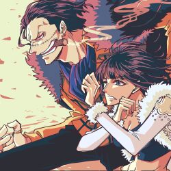  1boy 1girl blunt_bangs cigar coat commentary_request crocodile_(one_piece) crop_top fur-trimmed_coat fur_trim highres jewelry looking_ahead nico_robin one_eye_closed one_piece ring shiroh1000be short_hair smoke stitched_face stitches white_coat 