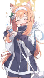  1girl :d absurdres animal_ear_fluff animal_ears bag black_jacket black_shorts blue_archive blush bottle cat_ears closed_eyes commentary facing_viewer flower gym_uniform hair_flower hair_ornament hair_ribbon hairband halo highres holding holding_bottle jacket long_hair low_ponytail mari_(blue_archive) mari_(track)_(blue_archive) multi-source_commentary multicolored_jacket official_alternate_costume open_mouth orange_hair ponytail ribbon shorts shoulder_bag simple_background smile solo sonoji track_jacket two-tone_jacket water_bottle white_background white_hairband yellow_halo 