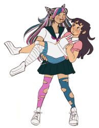  2girls :o ^_^ apron asymmetrical_legwear bandaged_leg bandages bandaid bandaid_on_knee bandaid_on_leg black_hair blue_hair blue_skirt blue_streaks blue_thighhighs blush blush_stickers carrying closed_eyes collared_shirt commentary danganronpa_(series) danganronpa_2:_goodbye_despair ear_piercing english_commentary face_piercing fang full_body hair_horns highres legs_apart long_hair mermaidhugs mioda_ibuki mismatched_legwear mismatched_thighhighs mole mole_under_eye mouth_piercing multicolored_hair multiple_girls neckerchief open_mouth piercing pink_hair pink_shirt pink_streaks pink_thighhighs princess_carry puffy_short_sleeves puffy_sleeves purple_hair purple_neckerchief school_uniform serafuku shirt shoelaces shoes short_sleeves simple_background skirt smile standing streaked_hair teeth thick_eyebrows thigh-highs torn_clothes torn_thighhighs tsumiki_mikan upper_teeth_only white_apron white_background white_hair white_shirt white_shoes yuri 