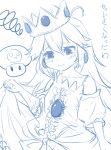  age_regression bare_shoulders crown crying crying_with_eyes_open dress earrings eyes flat_chest long_hair magister_(bigbakunyuu) monochrome mushroom oversized_clothes poison_mushroom princess_peach single_glove skull solo super_mario_bros. tears young 