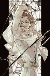  1boy :| absurdres arm_behind_back arm_up belt blonde_hair blurry blurry_background closed_mouth commentary cross cross_necklace degrees_of_lewdity expressionless floating_hair forehead glasses high-waist_belt highres holding holding_leash jewelry leash long_hair long_sleeves looking_at_viewer male_focus necklace rectangular_eyewear robe solo stained_glass sydney_(degrees_of_lewdity) sydney_(male)_(degrees_of_lewdity) untranslatable_commentary upper_body white_robe xue_tu yellow_eyes 