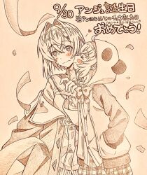 2girls ahoge ange_katrina ange_katrina_(1st_costume) animal_hood blush blush_stickers bow bowtie cardigan closed_eyes closed_mouth commentary_request confetti crossed_bangs dated fang fang_out graphite_(medium) hair_between_eyes hair_intakes hand_in_pocket hand_up heart highres hood hood_up hooded_jacket jacket kiss kissing_cheek long_sleeves medium_hair mole mole_under_eye monochrome multiple_girls nijisanji noharano off_shoulder open_clothes open_jacket panda_hood paper_texture plaid_clothes plaid_skirt pleated_skirt sasaki_saku sasaki_saku_(1st_costume) sepia simple_background skirt smile split_mouth spot_color sweatdrop traditional_media translation_request virtual_youtuber wavy_mouth yuri 