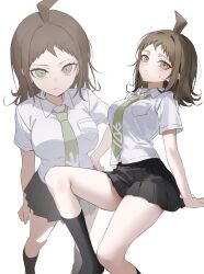  1girl absurdres ahoge black_skirt black_socks blush breasts brown_hair collared_shirt danganronpa_(series) danganronpa_2:_goodbye_despair frown genderswap genderswap_(mtf) green_eyes green_necktie hand_on_own_hip highres hinata_hajime large_breasts long_hair looking_at_viewer multiple_views necktie print_necktie shirt simple_background sitting skirt socks solo sslloowwll white_background white_shirt 