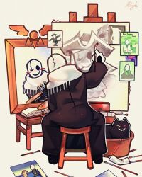  1boy absurdres arm_up blush_stickers cat commentary delta_rune_(symbol) deltarune easel english_commentary fine_art_parody friend_(deltarune) highres long_sleeves mihych on_stool one_eye_closed paintbrush painting_(action) painting_(object) parody sitting solo stool triple_self-portrait_(norman_rockwell) utdr_(toby_fox) w.d._gaster 