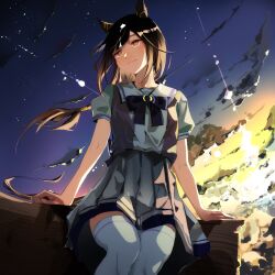  1girl absurdres animal_ears bow brown_hair closed_mouth clouds cloudy_sky commentary_request ear_covers ear_ornament feathers hair_between_eyes highres horse_ears horse_girl horse_tail light_blush long_hair looking_to_the_side multicolored_hair outdoors puffy_short_sleeves puffy_sleeves purple_bow purple_shirt sailor_collar school_uniform shirt short_sleeves sitting skirt sky smile solo stay_gold_(umamusume) streaked_hair summer_uniform sunrise tail thigh-highs tracen_school_uniform umamusume white_hair white_skirt white_thighhighs yellow_eyes yoojp 