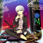  barefoot glasses glasses_removed grey_eyes grey_hair holding holding_glasses kamiyoshi katana male narukami_yuu persona persona_4 school_uniform short_hair smile solo sword weapon 