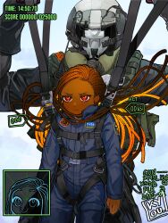  1girl 1other blue_jumpsuit braid brown_hair colored_inner_hair dark_skin dreadlocks fake_screenshot flight_suit frustrated g-suit gameplay_mechanics gilgamesh_(kyou) hands_up harness heads-up_display helmet highres jumpsuit kyou_(iuciferic) midair minimap multicolored_hair original oxygen_mask parachute parody patch radar red_eyes simple_background upper_body user_interface vest 