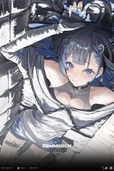  1girl bare_shoulders black_choker black_hair blue_hair blue_nails blue_skirt blush choker commentary commission commissioner_name couch earrings english_commentary feet_out_of_frame fingernails grey_shirt hair_ornament highres instagram_logo instagram_username jewelry jin_yu0810 long_hair long_sleeves looking_at_viewer lying mole mole_under_eye multicolored_hair nail_polish off-shoulder_shirt off_shoulder on_back on_couch original pixiv_logo pixiv_username shirt skirt solo thigh-highs twitter_username twitter_x_logo two-tone_hair white_thighhighs x_hair_ornament 