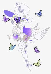  1girl absurdres arms_at_sides beads blonde_hair blue_butterfly boots bow bow_legwear bowtie braid braided_base breasts bright_pupils brooch brown_pantyhose bug bun_with_braided_base butterfly butterfly_over_eye buttons call_of_cthulhu center_opening closed_mouth colored_shoe_soles comb_over cuff_links drill_hair drill_ponytail facing_viewer flat_color flower footwear_flower full_body gem gradient_hair hair_beads hair_bun hair_ornament hat hat_bow high_heel_boots high_heels highres jewelry lace-trimmed_boots lace-trimmed_sleeves lace_trim large_breasts leg_up leotard long_sleeves looking_at_viewer mandarin_collar multicolored_hair one_eye_covered oversized_hat pantyhose puffy_long_sleeves puffy_sleeves purple_bow purple_butterfly purple_flower purple_hair purple_rose purple_sleeves replicant_no_souretsu rose see-through_clothes see-through_sleeves shimachau_hito simple_background single_braid single_sidelock smile solo standing tailcoat thigh_boots top_hat two-sided_fabric two-sided_headwear two-tone_flower two-tone_hair vest violet_eyes white_background white_boots white_bow white_bowtie white_flower white_hat white_leotard white_pupils white_rose white_vest yellow_butterfly yellow_gem 