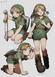  1boy blonde_hair blue_eyes dyga2tu4 fairy flying_sweatdrops green_hat green_tunic grey_background hat heavy_breathing highres holding holding_sword holding_weapon kneeling link male_focus multiple_views navi one_eye_closed open_mouth parted_bangs phrygian_cap pointy_ears scar scar_on_arm scar_on_cheek scar_on_face scar_on_leg scars_all_over shading_eyes shield shield_on_back short_hair standing sweat sword sword_on_back the_legend_of_zelda the_legend_of_zelda:_ocarina_of_time tunic twitter_username weapon weapon_on_back young_link 