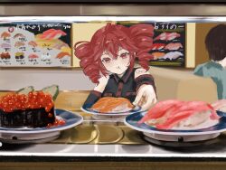  1girl 1other bare_shoulders black_shirt black_sleeves breast_pocket closed_mouth commentary_request conveyor_belt_sushi detached_sleeves drill_hair fish_(food) food full_mouth hair_between_eyes high_collar highres kasane_teto kasane_teto_(utau) looking_at_viewer nigirizushi number_tattoo plate pocket red_eyes red_hair restaurant ruki_art shirt short_hair shoulder_tattoo sleeveless sleeveless_shirt solo_focus sushi tattoo twin_drills upper_body utau 