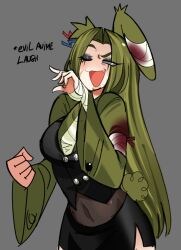  1girl :d ;d absurdres animal_ears bandaged_arm bandaged_ear bandaged_hand bandages black_corset black_eyeshadow black_sclera black_skirt blood blood_on_bandages blood_on_clothes breasts broken_cable clenched_hand cocked_eyebrow collared_shirt colored_sclera corset cowboy_shot curtained_hair dress_shirt english_text eyeshadow fang fang_out five_nights_at_freddy's five_nights_at_freddy's_3 furrowed_brow genderswap genderswap_(mtf) green_hair grey_background hands_up highres humanization layered_clothes long_hair long_sidelocks long_sleeves looking_at_viewer makeup medium_breasts miniskirt navel necktie nivotino ojou-sama_pose one_eye_closed parted_bangs pencil_skirt personification rabbit_ears raised_eyebrow shirt sidelocks simple_background skirt smile solo springtrap standing white_eyes white_necktie 