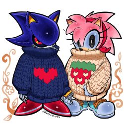  1boy 1girl amy_rose asya7_771 black_eyes classic_amy commentary full_body furry furry_female gloves highres holding_hands humanization looking_at_viewer metal_sonic oversized_clothes red_eyes smile sonic_(series) sonic_the_hedgehog_(classic) sweater white_gloves winter_clothes 
