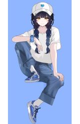  1girl baseball_cap black_hair blue_background blue_pants blue_scrunchie blue_shoes braid closed_mouth collarbone commentary eyelashes fingernails full_body gangzi_(vtuber) hand_on_own_knee hat heart highres long_hair pants satohimali55027 scrunchie shirt shoelaces shoes short_sleeves simple_background sitting smile socks solo stellive t-shirt twin_braids twintails untranslatable_commentary white_hat white_shirt white_socks wrist_scrunchie yellow_eyes 