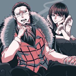  1boy 1girl ascot cigar coat commentary_request crocodile_(one_piece) fur-trimmed_coat fur_trim head_rest highres holding holding_cigar jewelry medium_hair nico_robin one_piece ring shiroh1000be sitting smile stitched_face stitches vest 