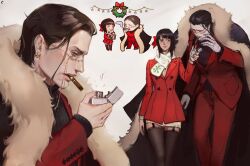  1boy 1girl absurdres black_hair black_thighhighs blackmoon0823 blue_eyes blunt_bangs chibi cigar coat coat_on_shoulders commentary_request crocodile_(one_piece) garter_straps hair_slicked_back highres holding holding_lighter korean_commentary lighter medium_hair monocle nico_robin one_piece red_coat scarf smile stitched_face stitches thigh-highs 