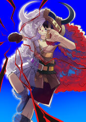  1boy absurdres belt belt_buckle black_hair blue_background boots buckle cape clenched_hand commentary_request cross_scar devil_fruit_power fake_horns foot_out_of_frame fur_cape gear_fifth gloves grin haki_(one_piece) helmet heterochromia highres horned_helmet horns imminent_punch kaenro looking_at_viewer male_focus monkey_d._luffy multicolored_hair official_alternate_costume one_piece red_cape red_eyes scar scar_on_chest short_hair shorts single_glove smile solo transformation two-tone_hair white_hair 