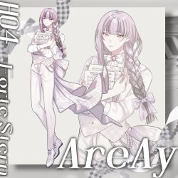  1boy androgynous areay back_bow beads blunt_bangs border bow bowtie braid brooch call_of_cthulhu checkered_clothes checkered_vest copyright_name dress_shoes full_body gem grey_background grey_border hair_beads hair_bow hair_ornament hair_over_shoulder holding holding_paper hugging_object iruma_el jewelry lace long_hair looking_at_viewer male_focus oxfords pants paper pink_bow pink_eyes pink_gem pink_hair sheet_music shoes single_braid single_sidelock smile solo standing traditional_bowtie vest wallet_chain white_bow white_bowtie white_pants white_shoes white_vest zoom_layer 