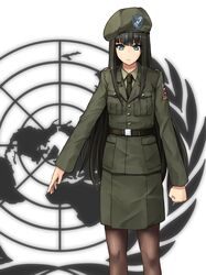  aim120amraama bad_id badge belt beret black_hair black_legwear blue_eyes clenched_hand green_eyes hat hime_cut long_hair looking_at_viewer map military military_uniform necktie original pantyhose solo thigh-highs thighhighs uniform united_nations very_long_hair wreath 