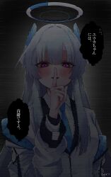  1girl absurdres blue_archive blue_necktie collared_shirt commentary_request finger_to_mouth gern halo hand_up highres long_sleeves necktie noa_(blue_archive) shirt shushing smile solo speech_bubble translated violet_eyes white_shirt 