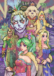  2girls 3boys artist_name blonde_hair blue_eyes blue_shirt breasts cape celes_chere cid_del_norte_marguez circlet clenched_teeth clown_makeup dark-skinned_male dark_skin detached_sleeves dog dress final_fantasy final_fantasy_vi fish_in_mouth green_hair hair_ribbon highres holding holding_sword holding_weapon jacket kefka_palazzo leo_cristophe long_hair medium_breasts mind_control mohawk multiple_boys multiple_girls naga160oji no_pupils parted_bangs pointy_ears ponytail purple_ribbon red_dress red_sleeves ribbon sash shirt strapless strapless_dress sword teeth terra_branford tube_dress violet_eyes waist_sash weapon white_eyes yellow_cape yellow_jacket 