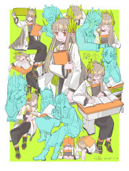  arknights black_choker book border brown_hair choker closed_mouth coat commentary_request desk elf flowing_shape_(arknights) green_background hair_ornament highres lab_coat laurels long_hair long_sleeves lyuqiu mole mole_under_eye muelsyse_(arknights) open_clothes open_coat pointy_ears sleeping white_border white_coat writing yellow_eyes 