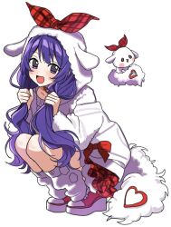  1girl :d ageha_mia animal_ear_hood bow choker fake_tail from_side full_body heart heart_choker highres holding_own_hair hood hood_up hoodie kokochi_(koko_chi10) long_hair long_sleeves looking_at_viewer looking_to_the_side loose_socks official_alternate_costume official_alternate_hairstyle open_mouth pink_shoes plaid_bow plaid_clothes plaid_skirt pretty_rhythm pretty_rhythm_dear_my_future pretty_series purple_hair red_bow red_skirt shoes simple_background skirt smile socks squatting sweater tail violet_eyes white_background white_hoodie white_socks white_sweater 