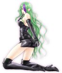  black_dress boots breasts dress elbow_gloves elf finger_to_chin gloves green_eyes green_hair high_heels knee_boots kneeling long_hair makeup minidress misery_(outer_zone) multicolored_hair outer_zone pointy_ears sarasa-sasa simple_background thigh_boots thighhighs two-tone_hair very_long_hair wavy_hair white_background 