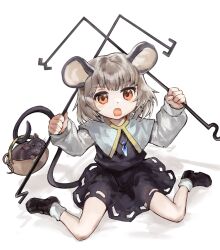  1girl animal_ears basket black_skirt black_vest capelet chinese_commentary commentary_request dowsing_rod dual_wielding grey_capelet grey_hair highres holding holding_with_tail jewelry long_sleeves looking_at_viewer mouse_(animal) mouse_ears mouse_girl mouse_tail nazrin necklace open_mouth orange_eyes pendant prehensile_tail sayoko404 shirt shoes skirt socks solo tail touhou vest white_shirt white_socks 