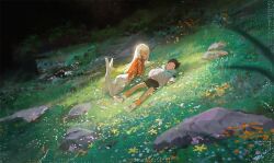 1boy 1girl black_hair black_shorts bodysuit closed_eyes commentary english_commentary grass head_rest hill hood hoodie long_hair lying meadow on_back on_stomach original outdoors rock ross_tran shoes shorts the_pose white_hair 